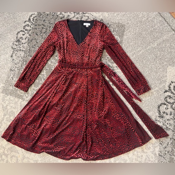 Calvin Klein Dresses & Skirts - Calvin Klein Black Red Velvet Polka Dot V
Neck Tie Waist Dress Burnout Velvet 2